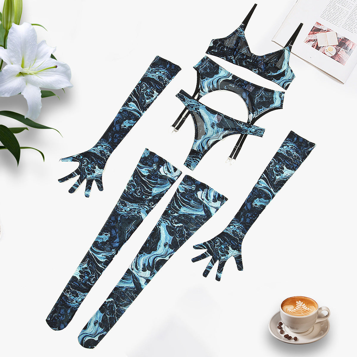 Tie-Dye Colorful Small Bust Gathering Mesh Sexy Lingerie Five-Piece Set for Women eprolo