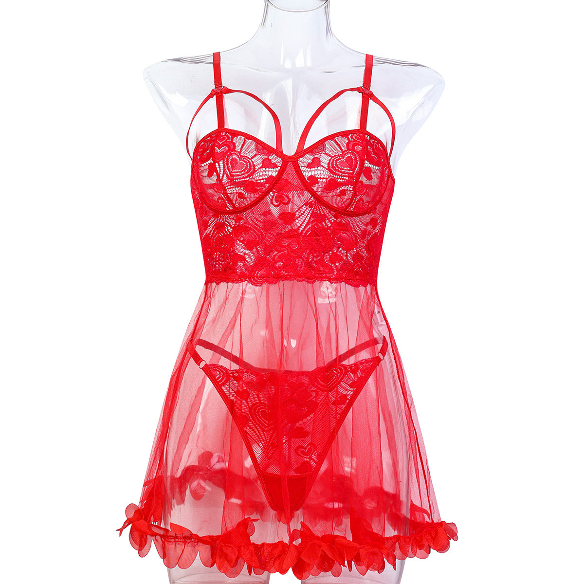 Valentine's Day Red Sexy Lingerie Lace Spliced Mesh Transparent Strapless Dress and Thong Two-Piece Set for Women