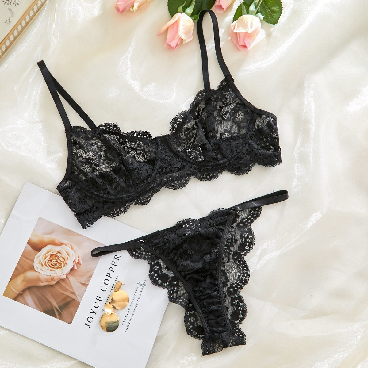 Sexy lace trim sheer lingerie set for women, featuring delicate lace details and a lightweight, transparent design by eprolo.