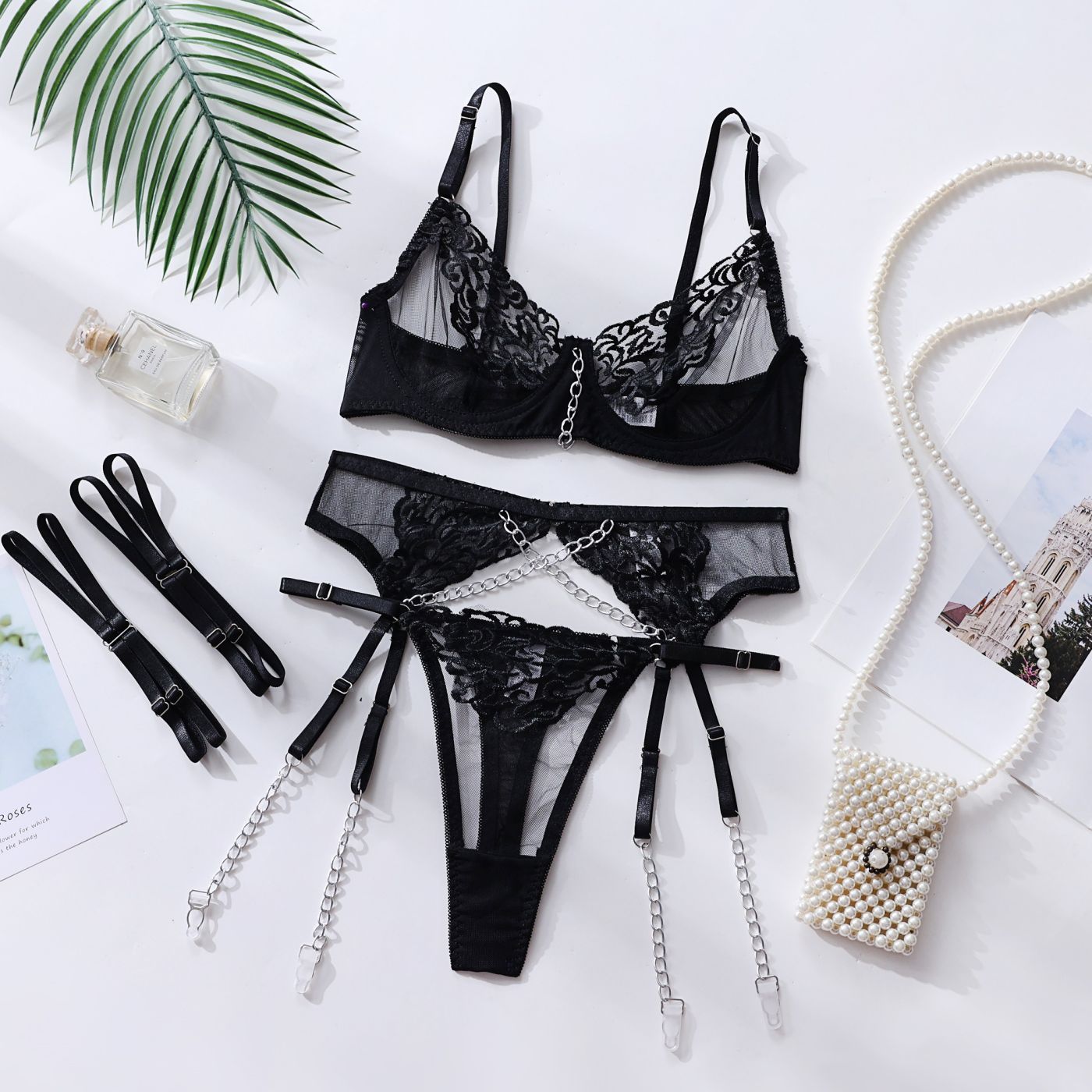 Dnika Lingerie Erotic Underwear  Metal Chain Embroidery Underwear Four-Piece Set Export eprolo