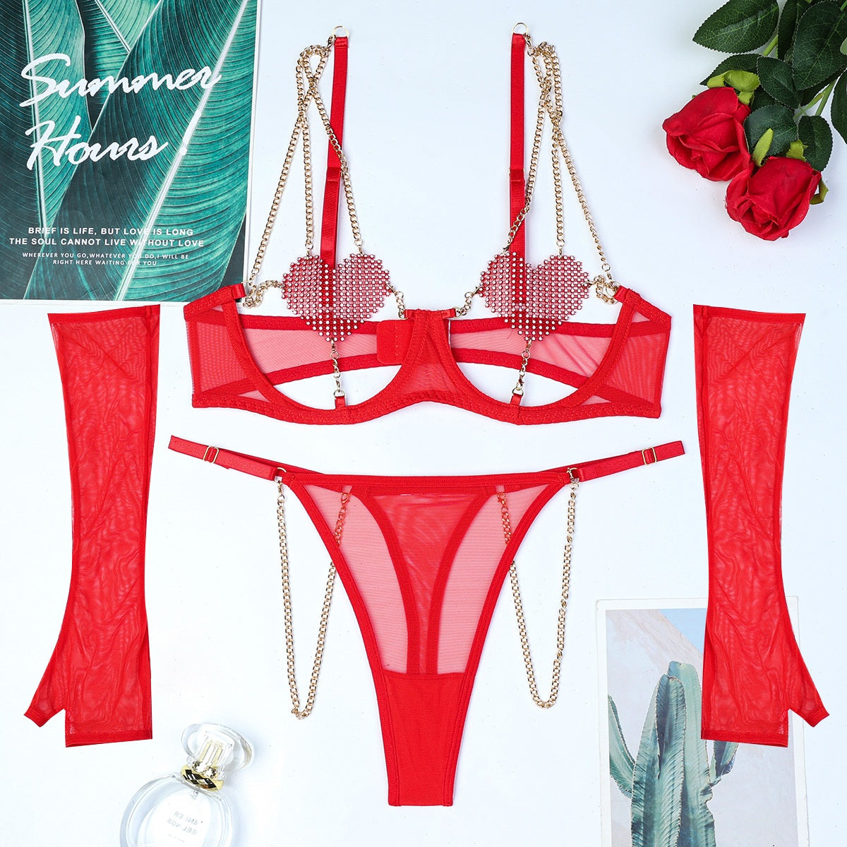 Christmas Red Heart Crystal Spliced Metal Chain Hollow  Sexy Lingerie Four-Piece Set eprolo