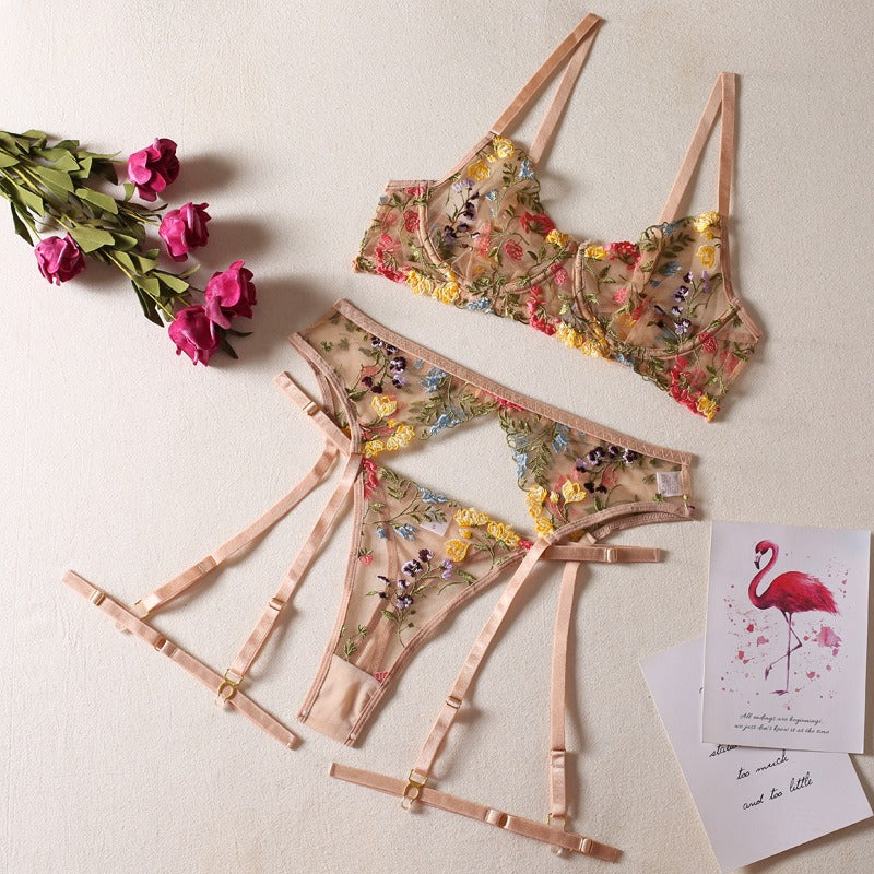 Sexy Perspective Yellow Pastoral Floral Bra Pendant with T-shaped Trousers with Leg Rings Three piece Funny Underwear Set eprolo