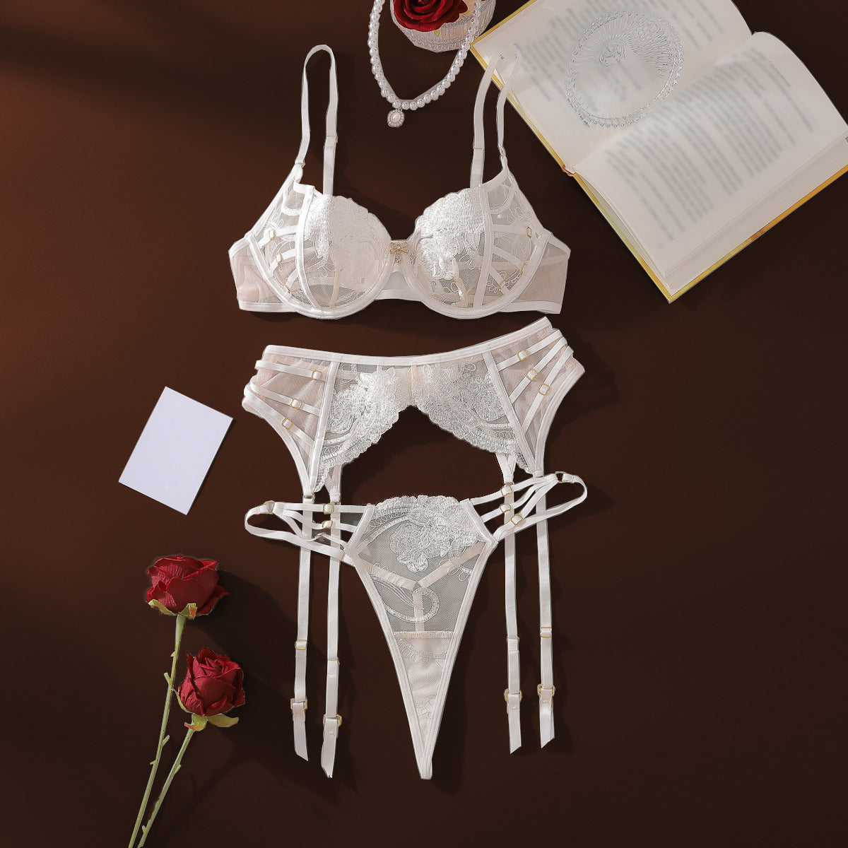 Embroidered sexy three-point style erotic lingerie gathering bra three piece set eprolo