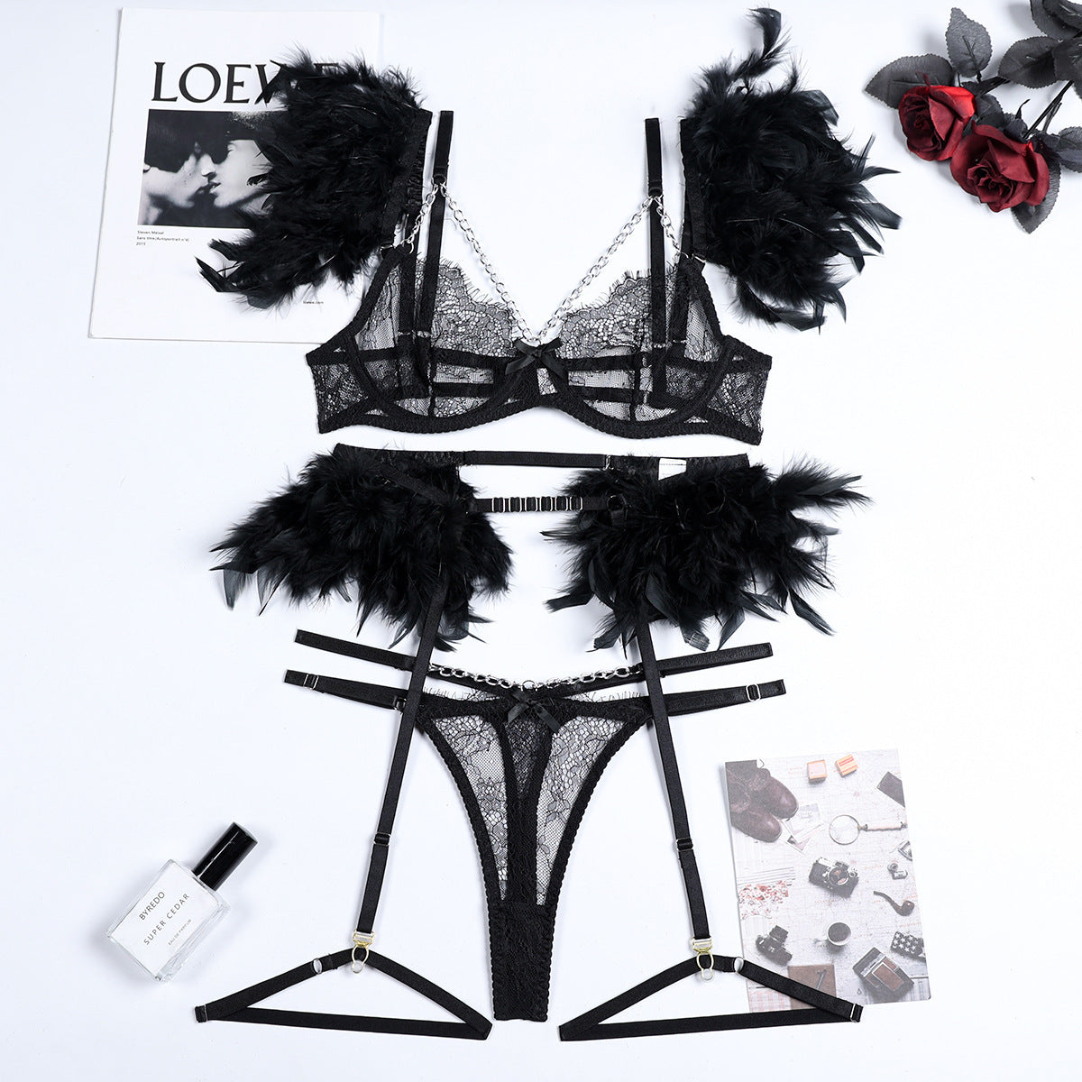 Feather Sexy Lingerie with Chain Lace Transparent Mesh Set for Women eprolo