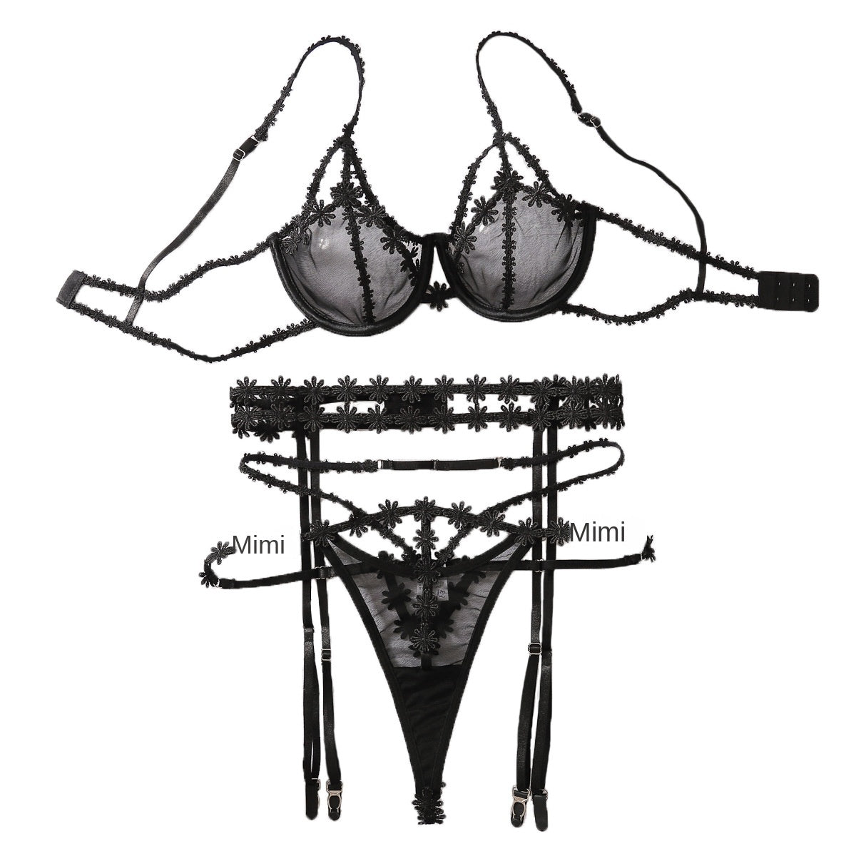 Hollow Underwear Set with Sexy Mesh Perspective Splicing Flower Three Piece Set eprolo