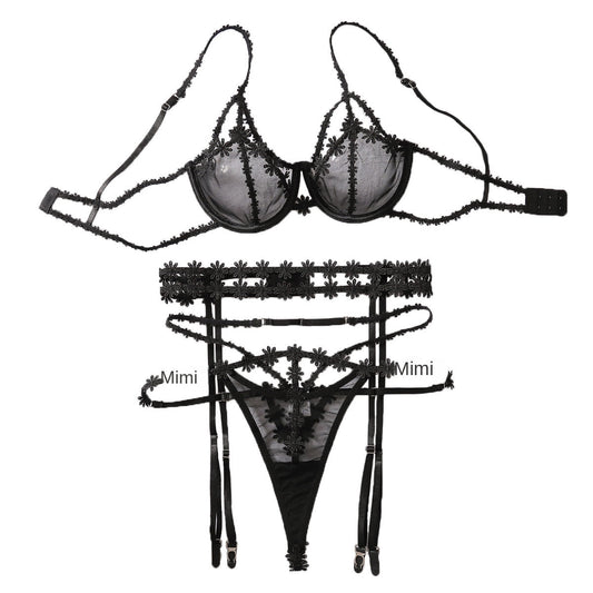 Hollow Underwear Set with Sexy Mesh Perspective Splicing Flower Three Piece Set eprolo