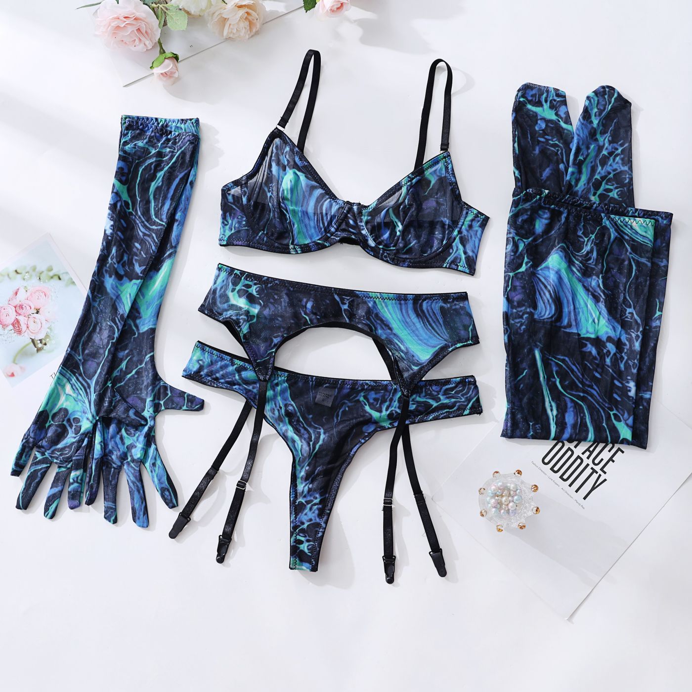 Lingerie Set with Gloves and Stockings - Mesh Printed Design eprolo