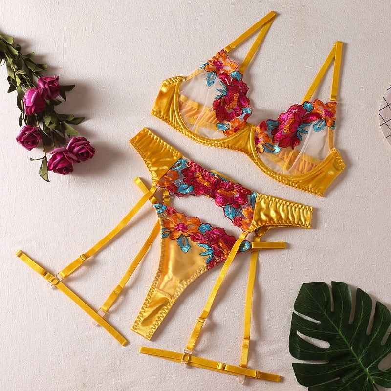 Sexy Colorful Embroidered Large Flowers With Steel Ring Bra Garter Belt Leggings Thong Erotic Underwear 4Pcs Set eprolo