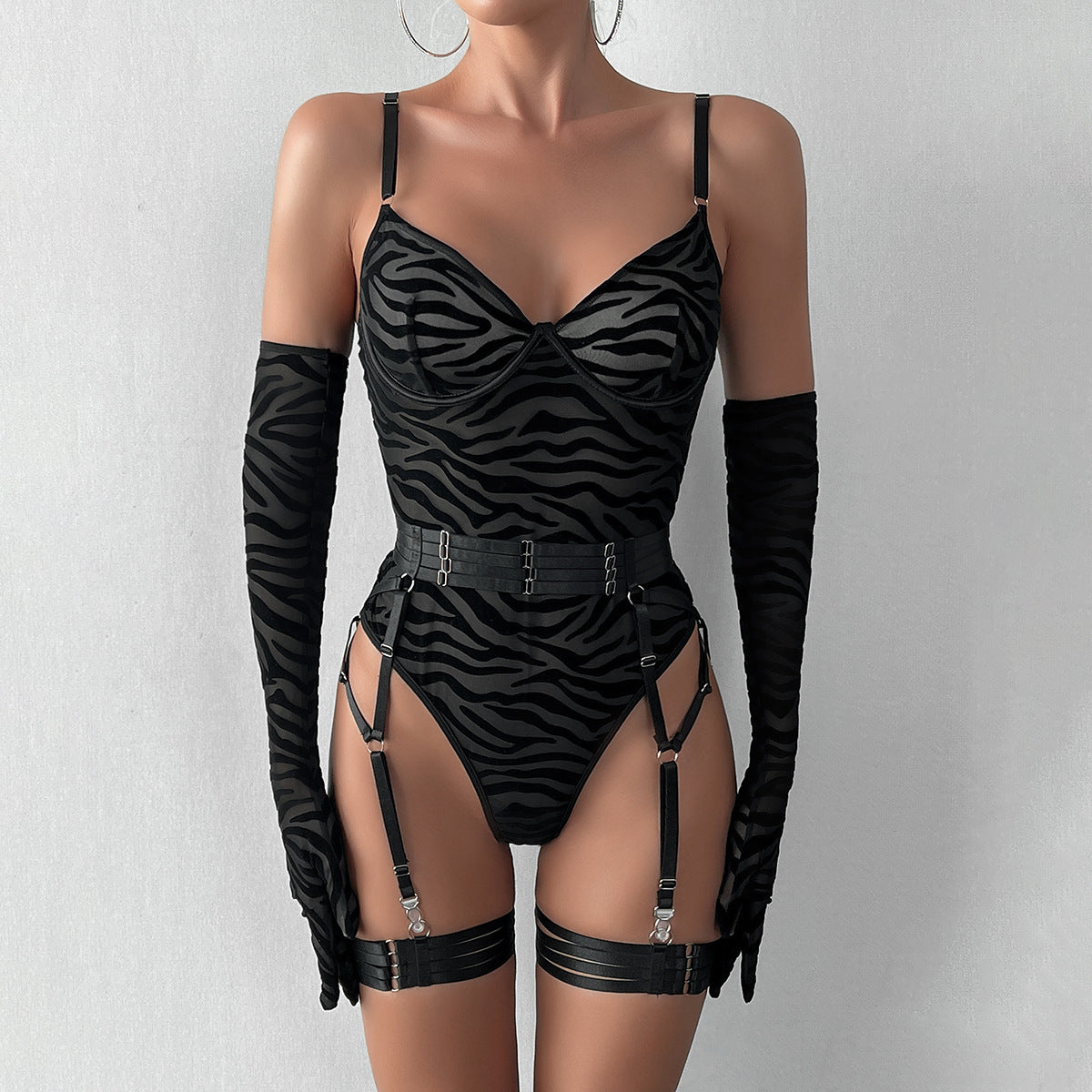 Tulle Bodysuit Lingerie Set with Gloves & Garter – Sheer Mesh Underwear