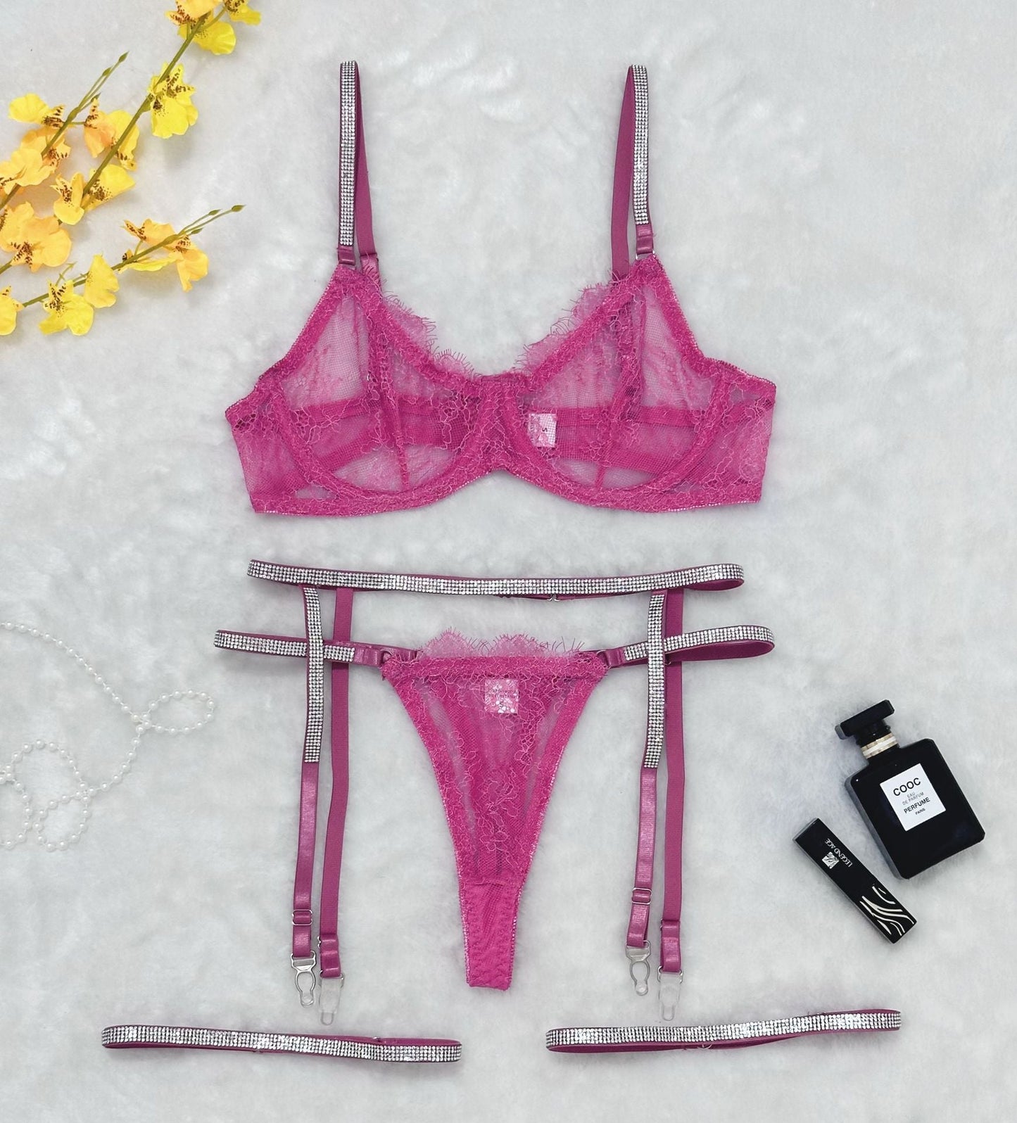 Cross-border Sexy Lingerie Lace Trim Rhinestone Transparent Thong Garter Belt Four-piece Set eprolo