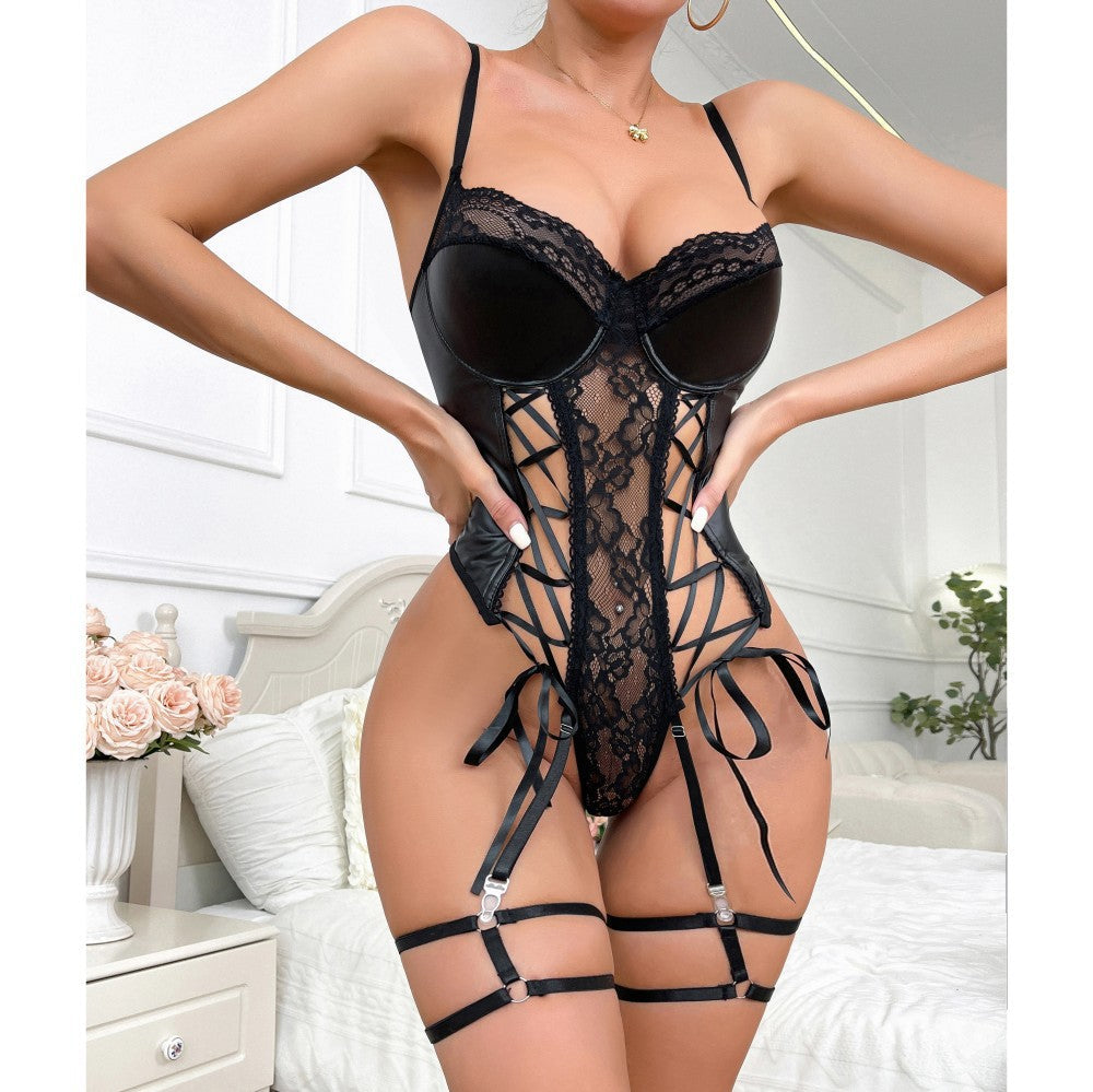 Sensual Lingerie Bodysuit with PU Leather and Lace Trim, Push-Up Bra, Fitted Underwear for Nightclub eprolo