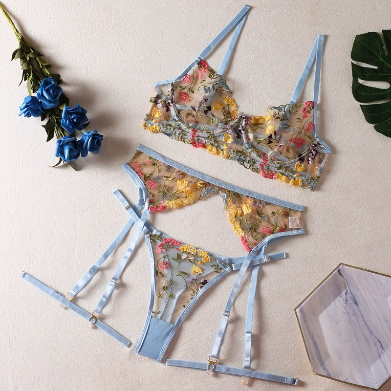 Sexy Perspective Yellow Pastoral Floral Bra Pendant with T-shaped Trousers with Leg Rings Three piece Funny Underwear Set eprolo