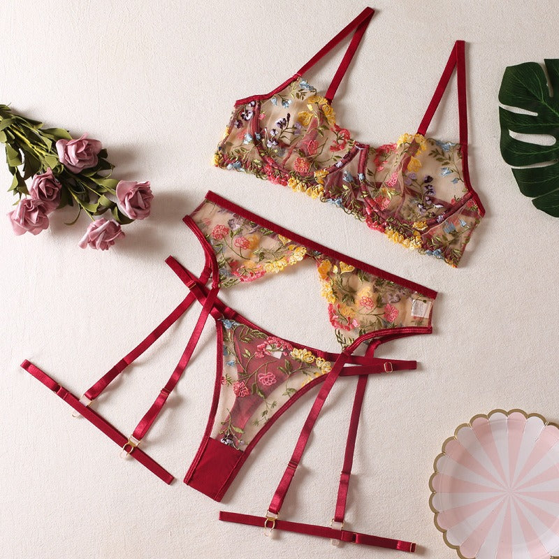Sexy Perspective Yellow Pastoral Floral Bra Pendant with T-shaped Trousers with Leg Rings Three piece Funny Underwear Set eprolo