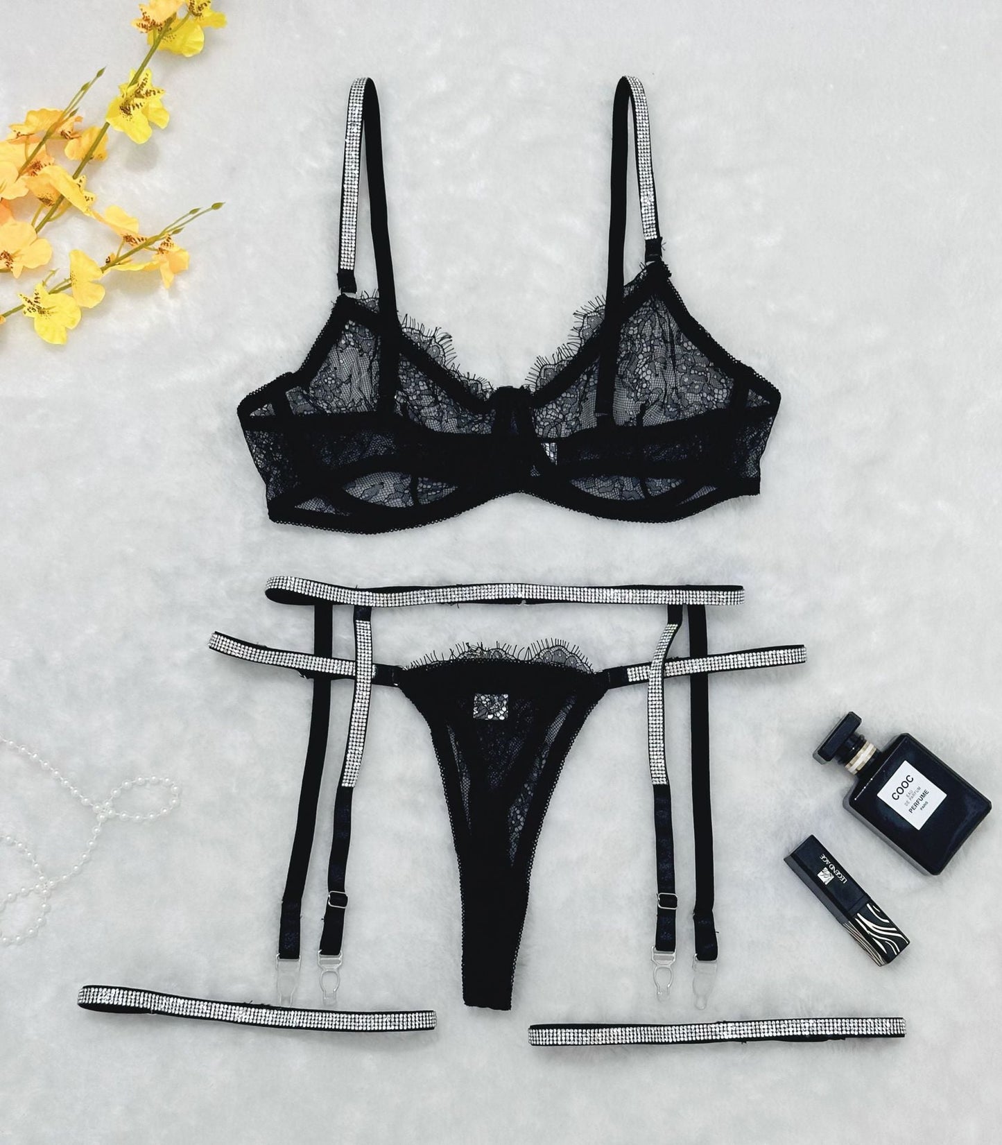 Cross-border Sexy Lingerie Lace Trim Rhinestone Transparent Thong Garter Belt Four-piece Set eprolo