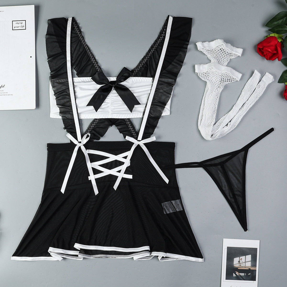 European and American Style Sheer Netting Cute Maid Bondage Crossed Wrap Top Erotic Lingerie Four-Piece Set eprolo