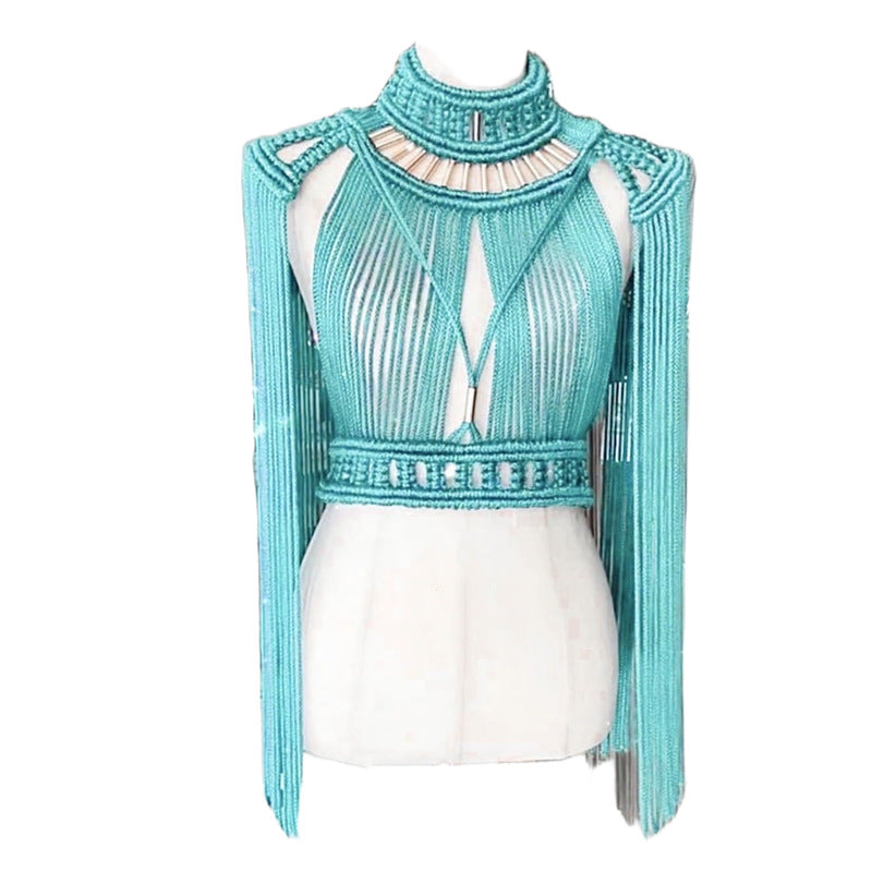 Women's handmade woven tassel long skirt, new creative Greek goddess outfit, beach travel sexy split body wrapped chest eprolo