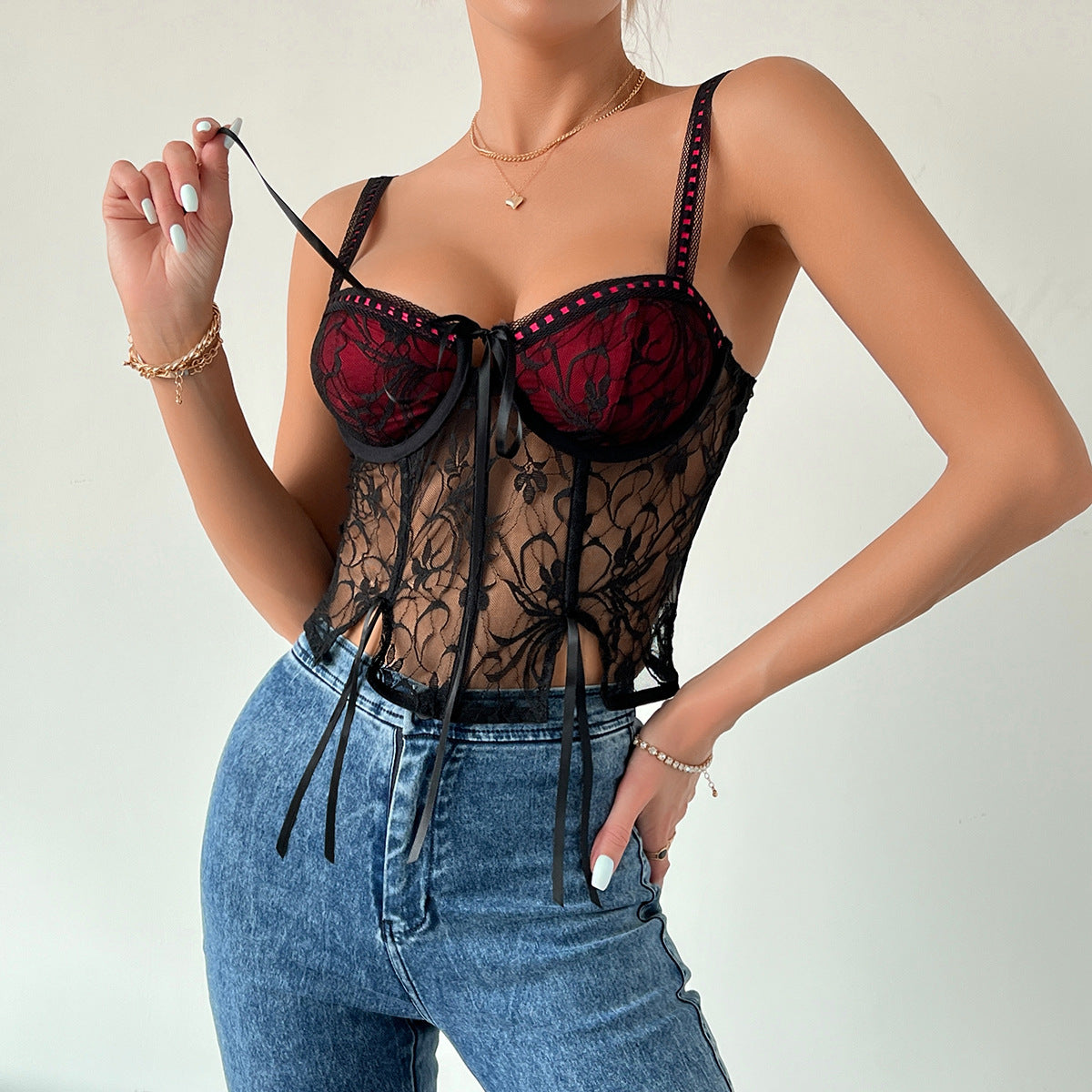 Women's Lace Splicing Strapless Top – Steel Ring Boned Belted Spicy Girl Crop Top