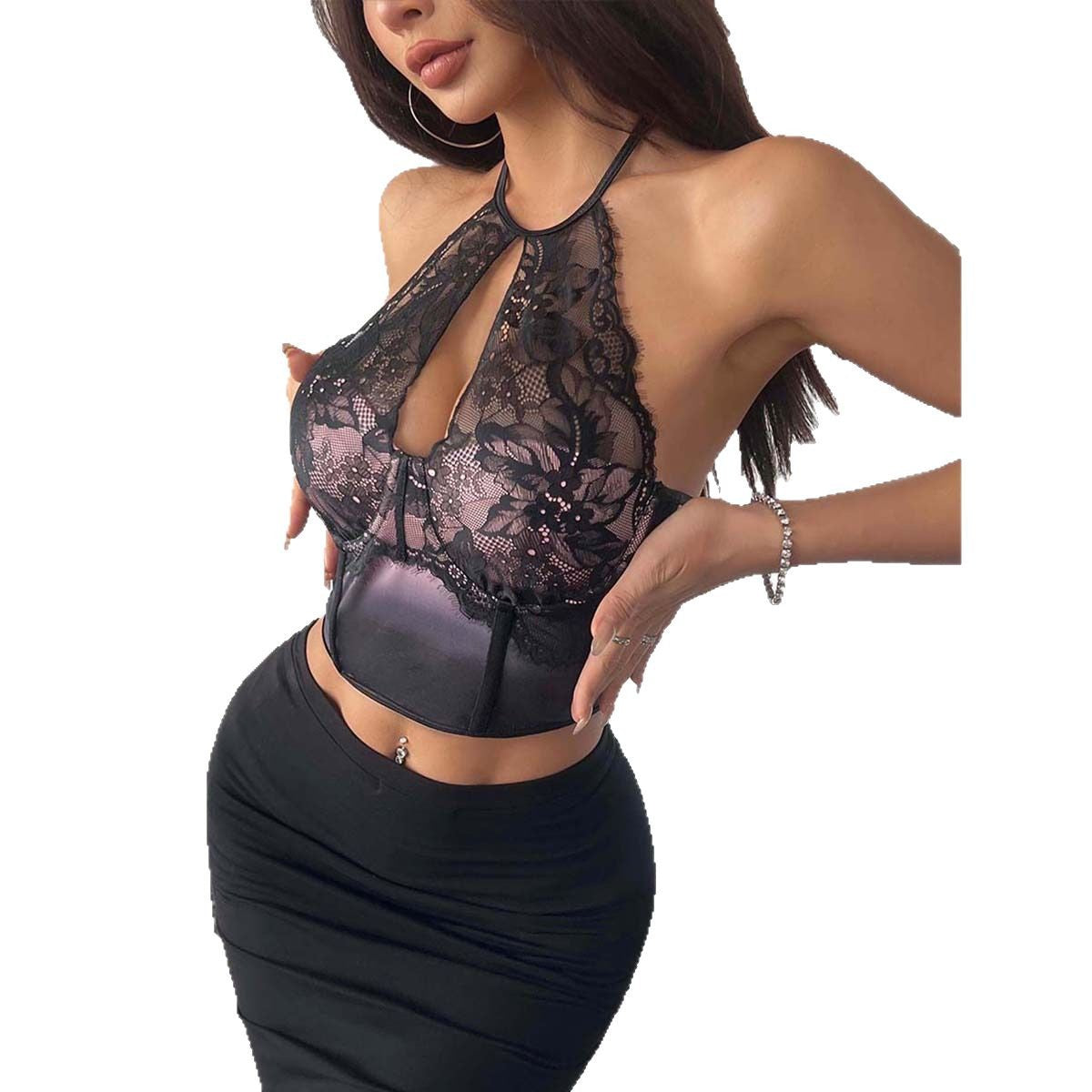 Gradient Lace Halter Neck Top – Steel Ring Tied Backless Crop | KYLALINGERIE