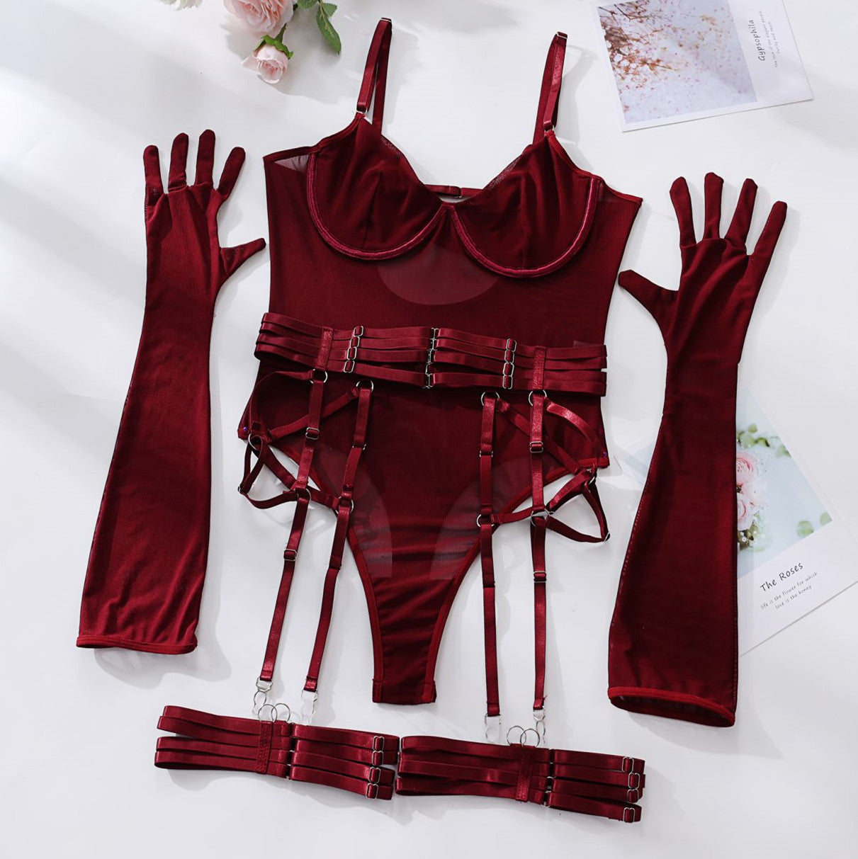 Tulle Bodysuit Lingerie Set with Gloves & Garter – Sheer Mesh Underwear