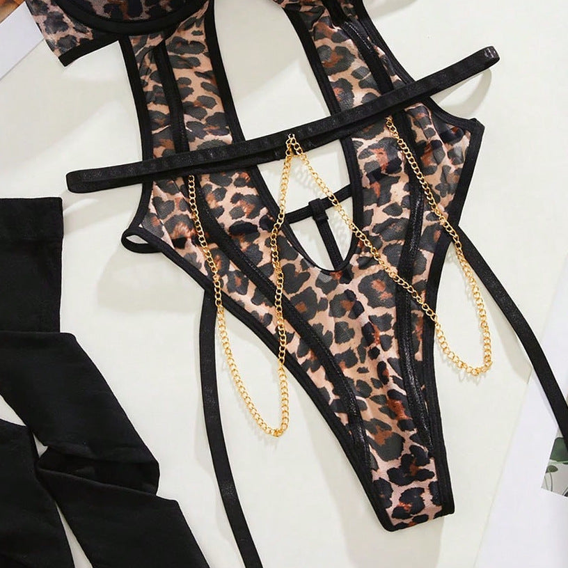 Sexy Leopard Print Jumpsuit Erotic Lingerie Set with Metal Chain Anklets and Stockings for Role Play