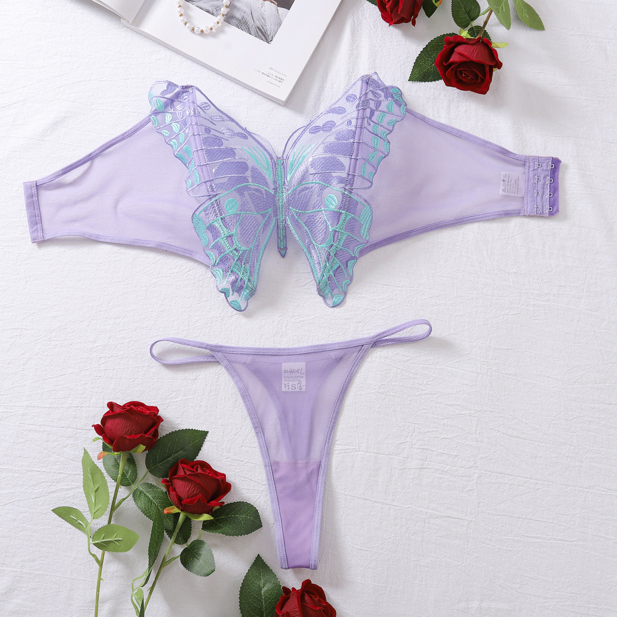 Thin sexy butterfly embroidered tube top suit mesh see-through sexy lingerie two-piece suit for women eprolo