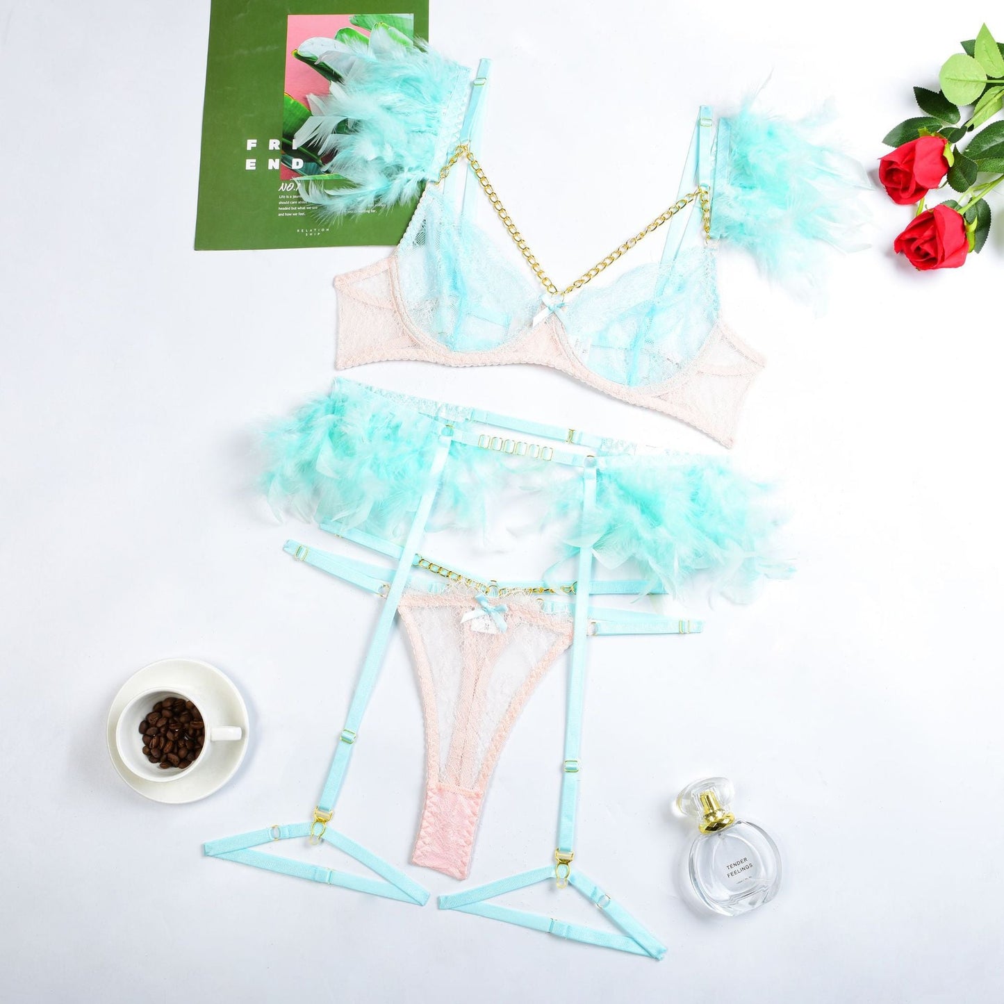Feather Sexy Lingerie with Chain Lace Transparent Mesh Set for Women eprolo
