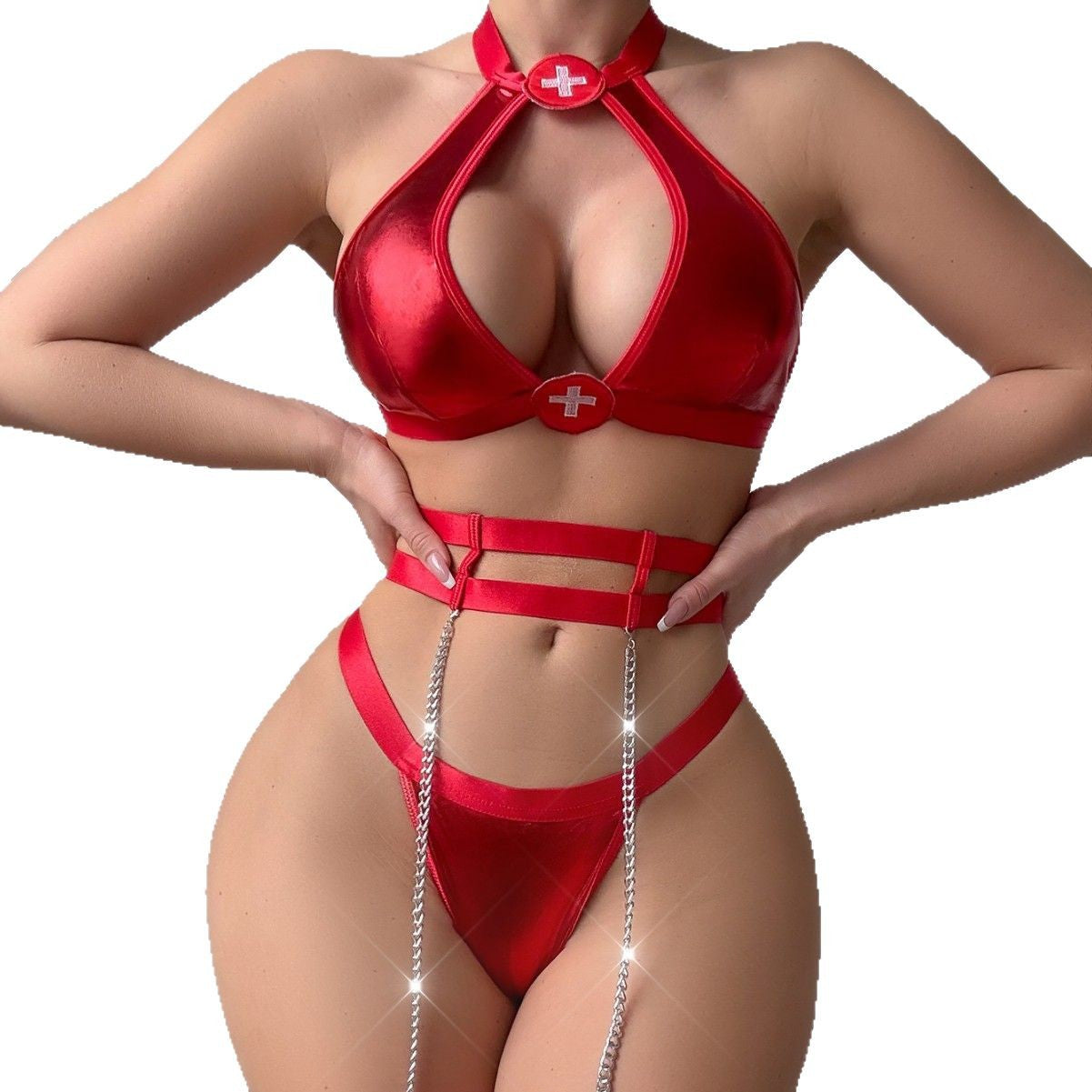 Halloween costume temptation neck hanging nurse role-playing costume with leg rings fun lingerie five piece set eprolo