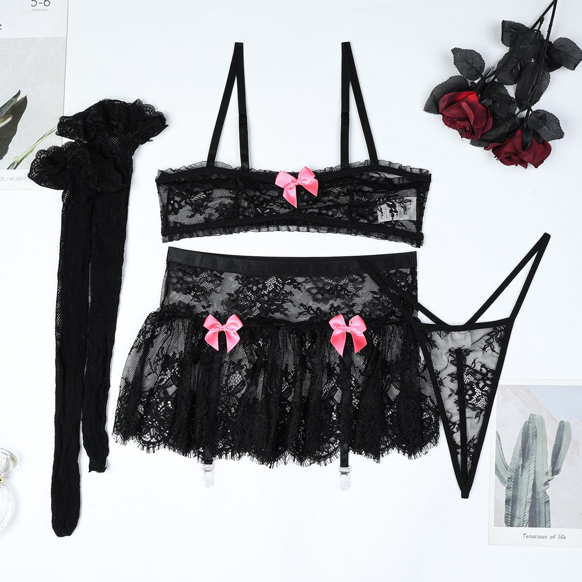 Lace Non-Wired Soft High-Quality Sexy Lingerie Four-Piece Set Pink Cute