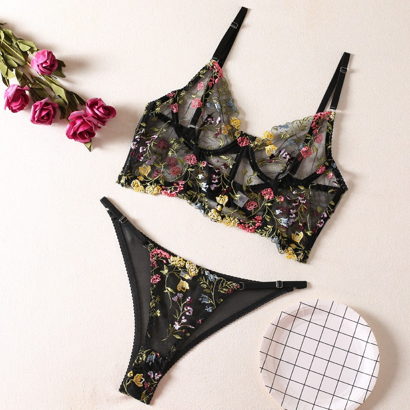 New Black Floral Embroidery with Fishbone Steel Ring Vest Sling Bra Pants Funny Underwear Set eprolo