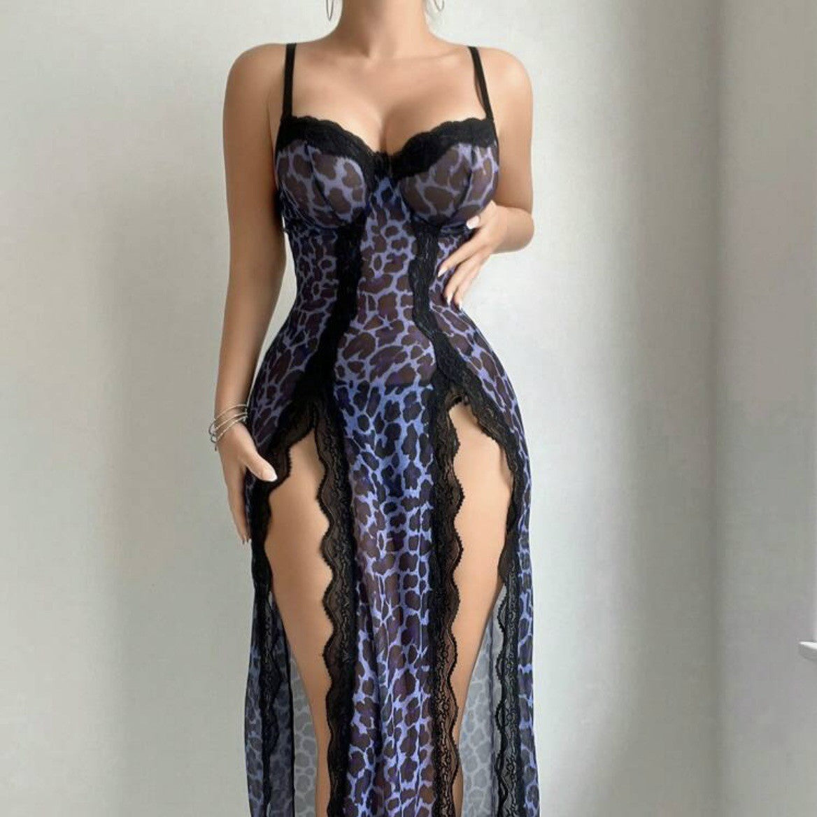 Sexy Transparent Leopard Print Nightgown and Lingerie Set eprolo
