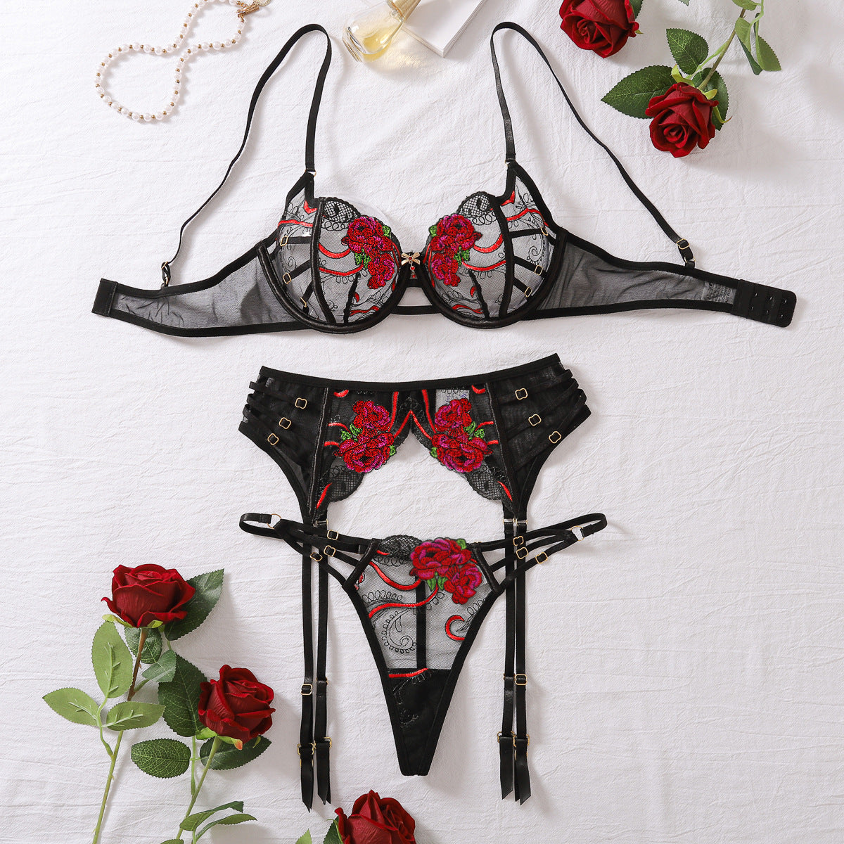 Embroidered sexy three-point style erotic lingerie gathering bra three piece set eprolo