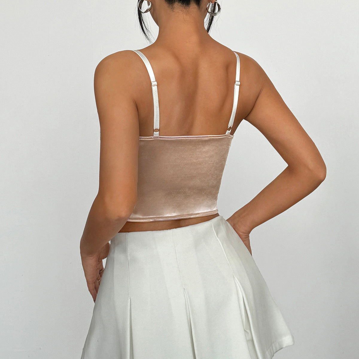 Lace Floral Mesh Satin Boned Vest – Steel Ring Diamond Back Strapless Top in Apricot | KYLALINGERIE