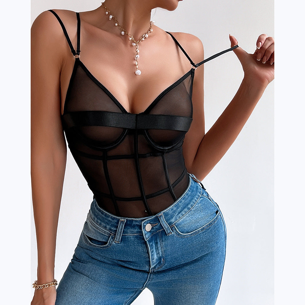 Women's Sheer Mesh Deep V Jumpsuit – Double Strap Gathering Solid Color Bodysuit