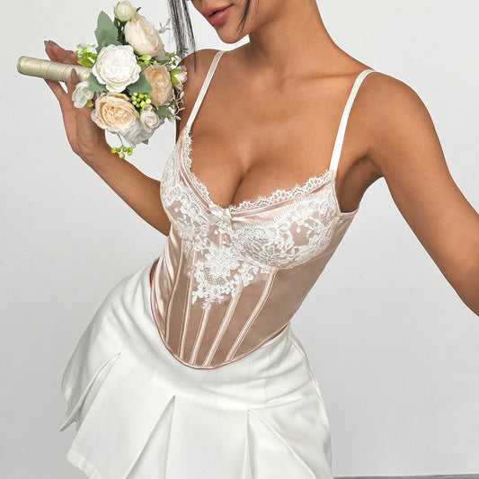 Lace Floral Mesh Satin Boned Vest – Steel Ring Diamond Back Strapless Top in Apricot | KYLALINGERIE