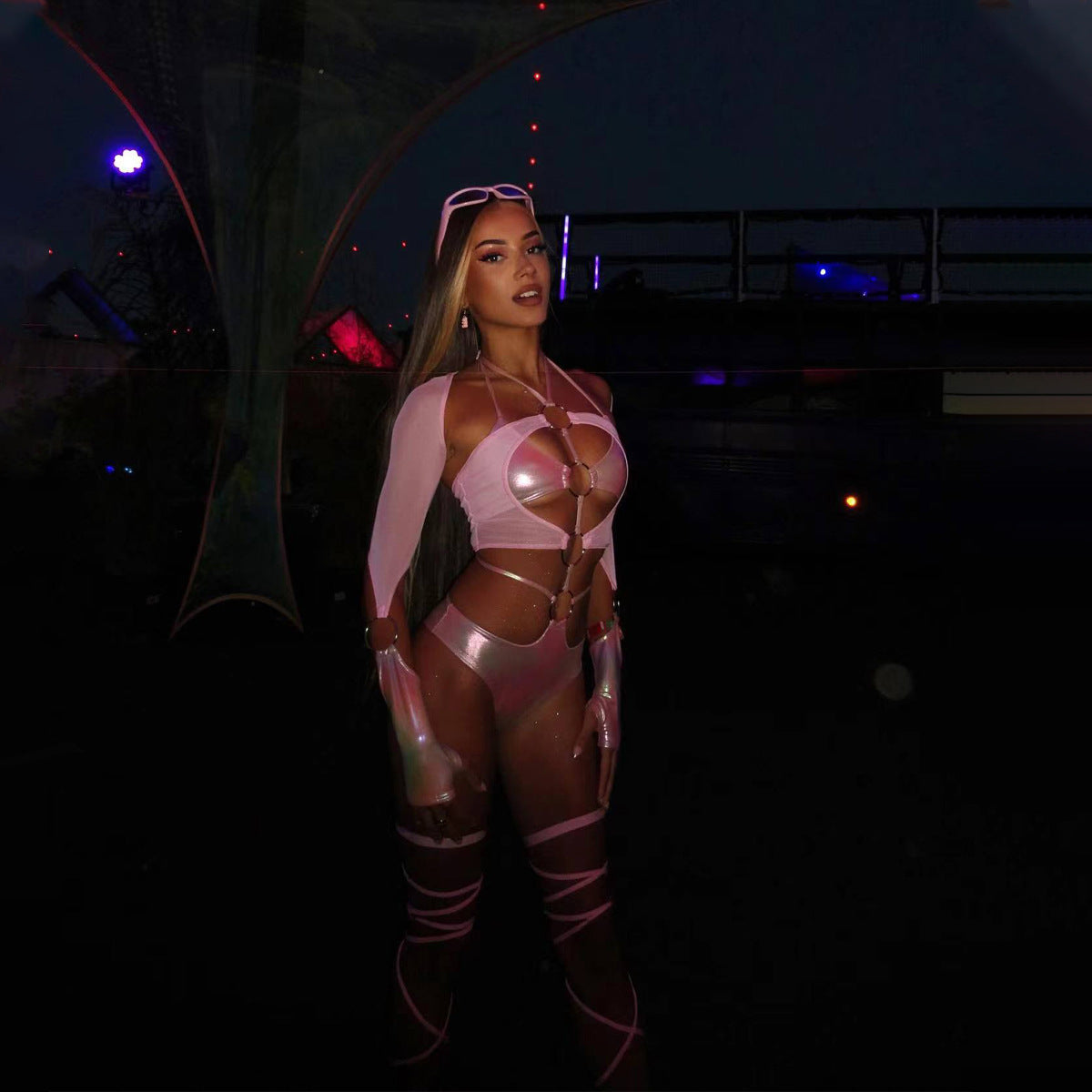 New Pure Desire Mesh Splicing Leather jumpsuit eprolo
