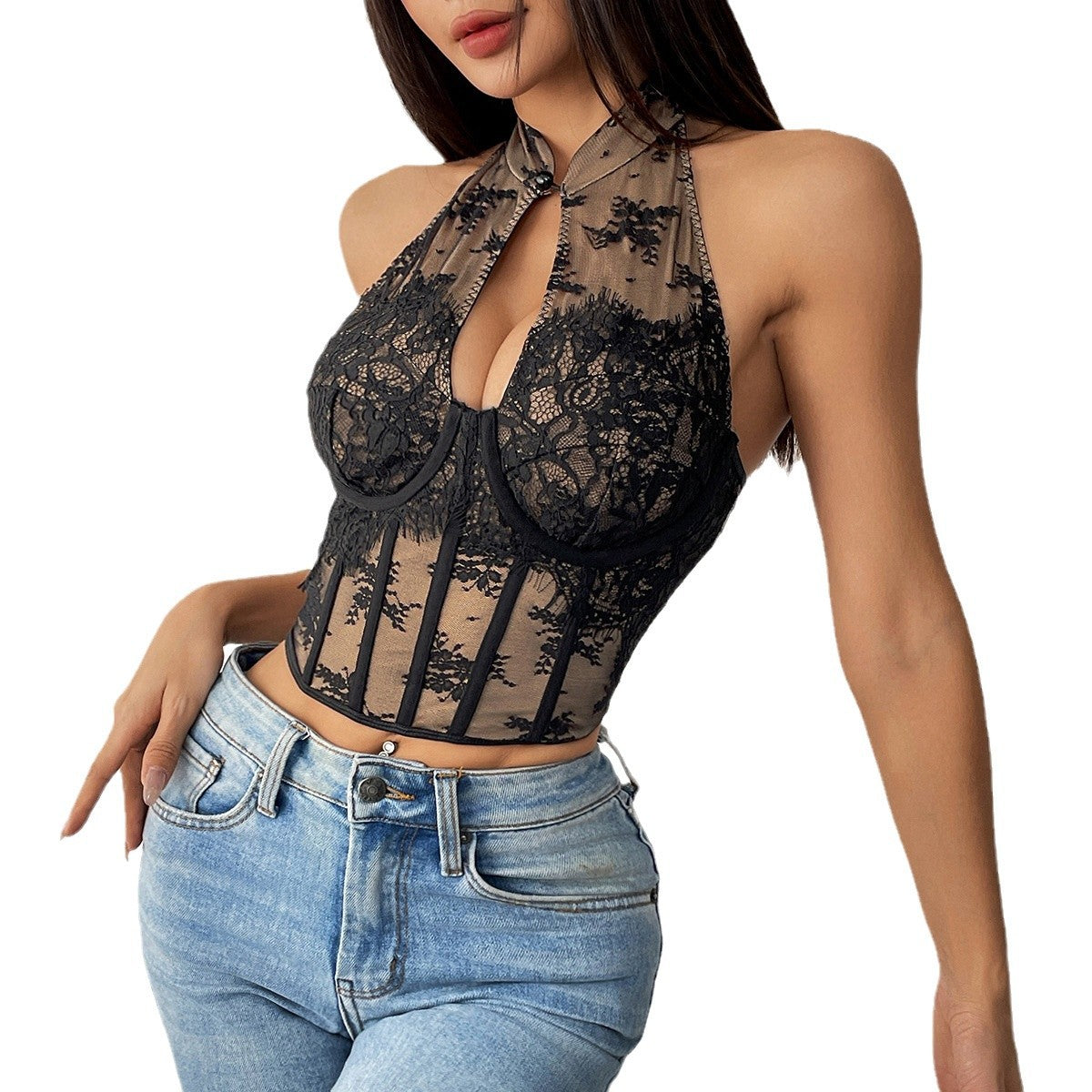 Cheongsam-Inspired Lace Halter Boned Crop Top – Buttoned Backless Strapless | KYLALINGERIE