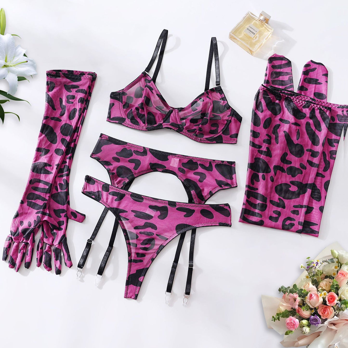 Tie-Dye Colorful Small Bust Gathering Mesh Sexy Lingerie Five-Piece Set for Women eprolo