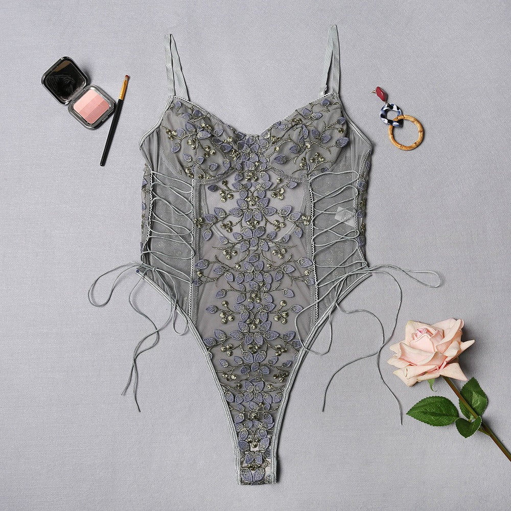 Erotic Lingerie Lace Flower Embroidery Lace-Up Sexy Perspective Temptation Jumpsuit For Women eprolo