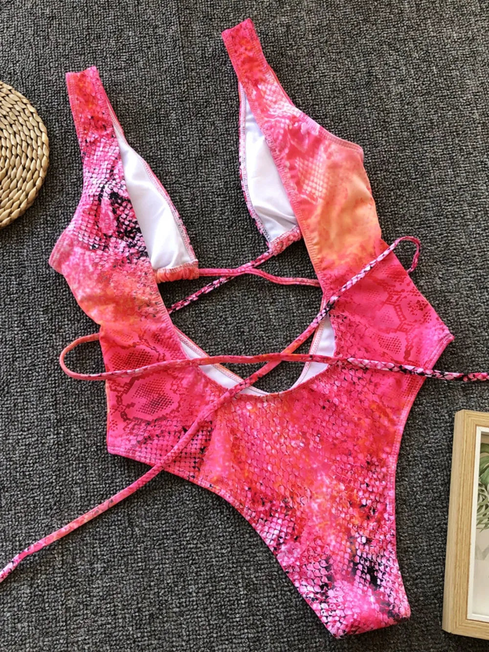 Snake Print Lace-Up Backless One-Piece Swimsuit | Women's Swimwear