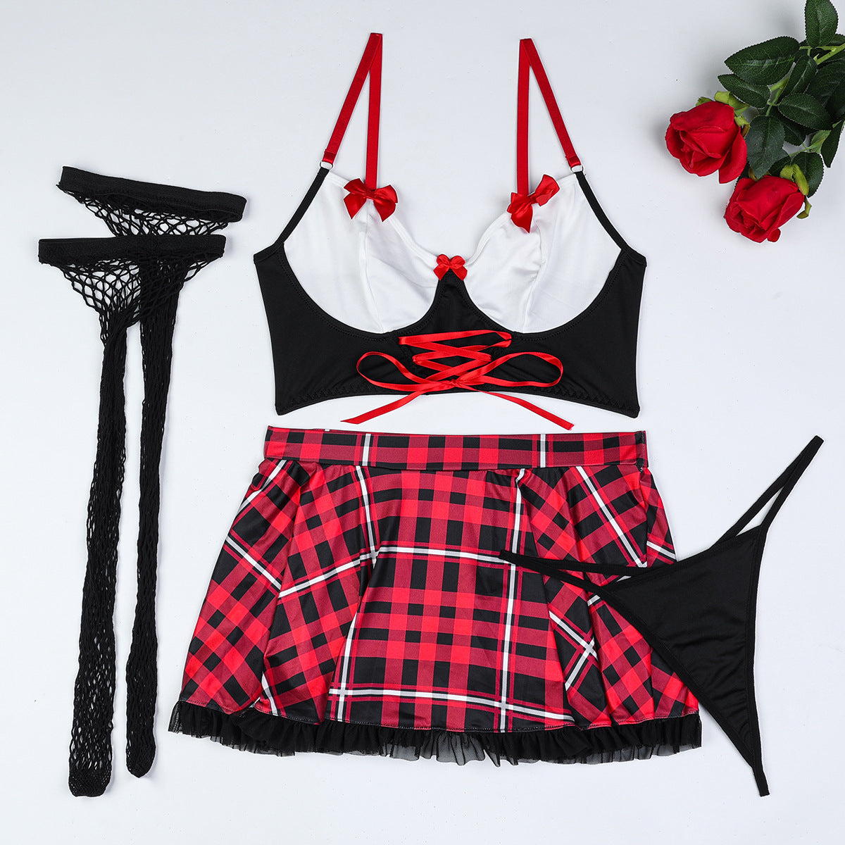 European and American Style Sexy Underwear Set with Color Block, Lingerie Uniform Bow Red Plaid Ribbon Cross Design eprolo