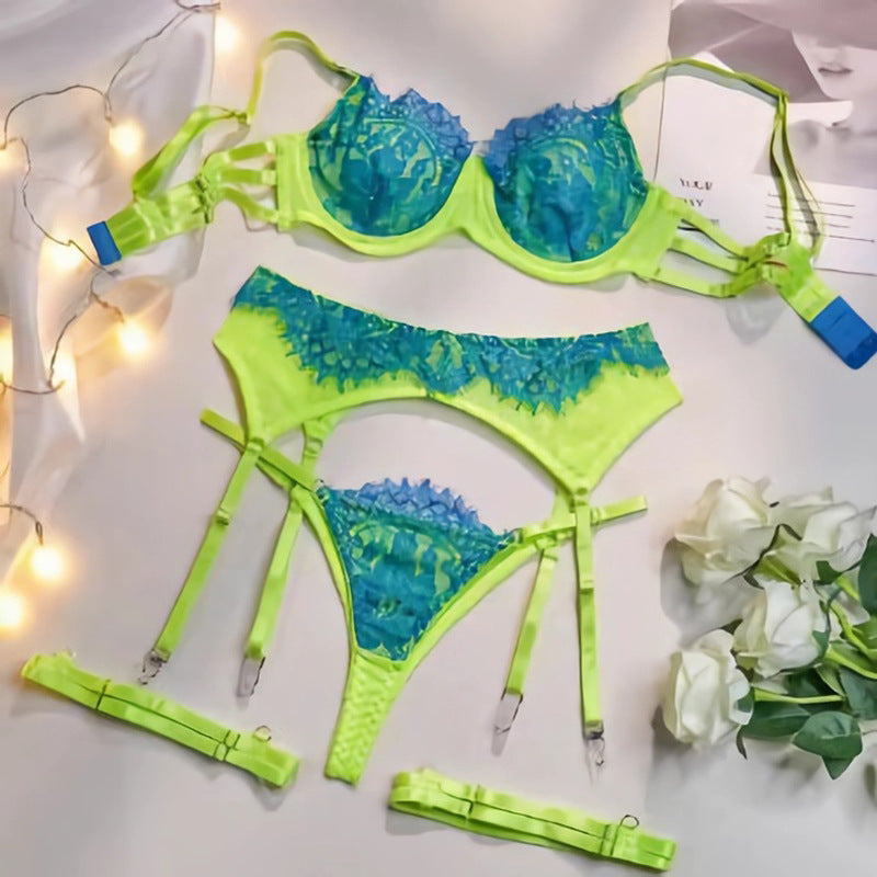 Cross-border  Wild Rose Three-color Lace Lingerie Set with Suspender Garter Belt Thong eprolo