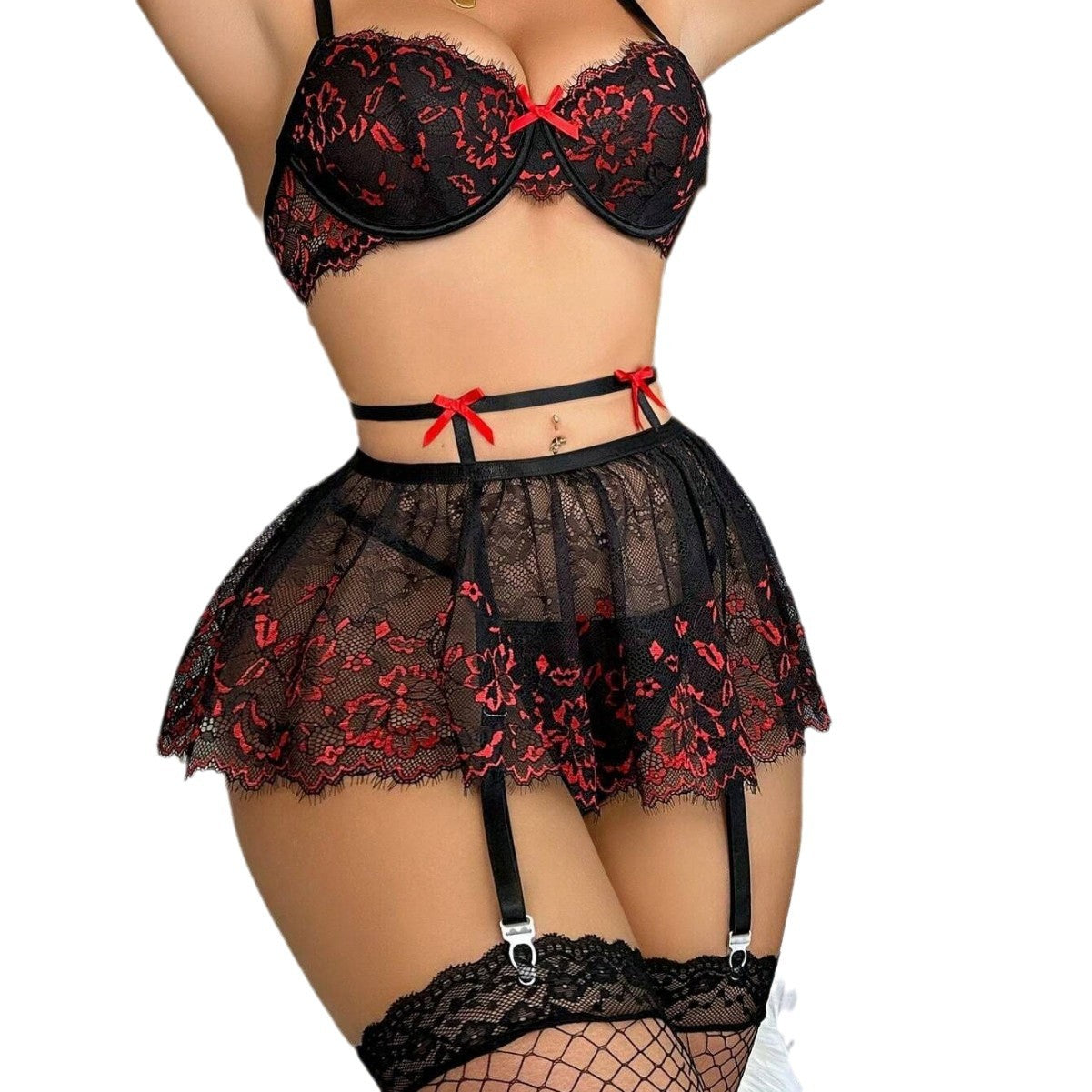 Lace and lace sexy backless see through lingerie set women's four piece set eprolo