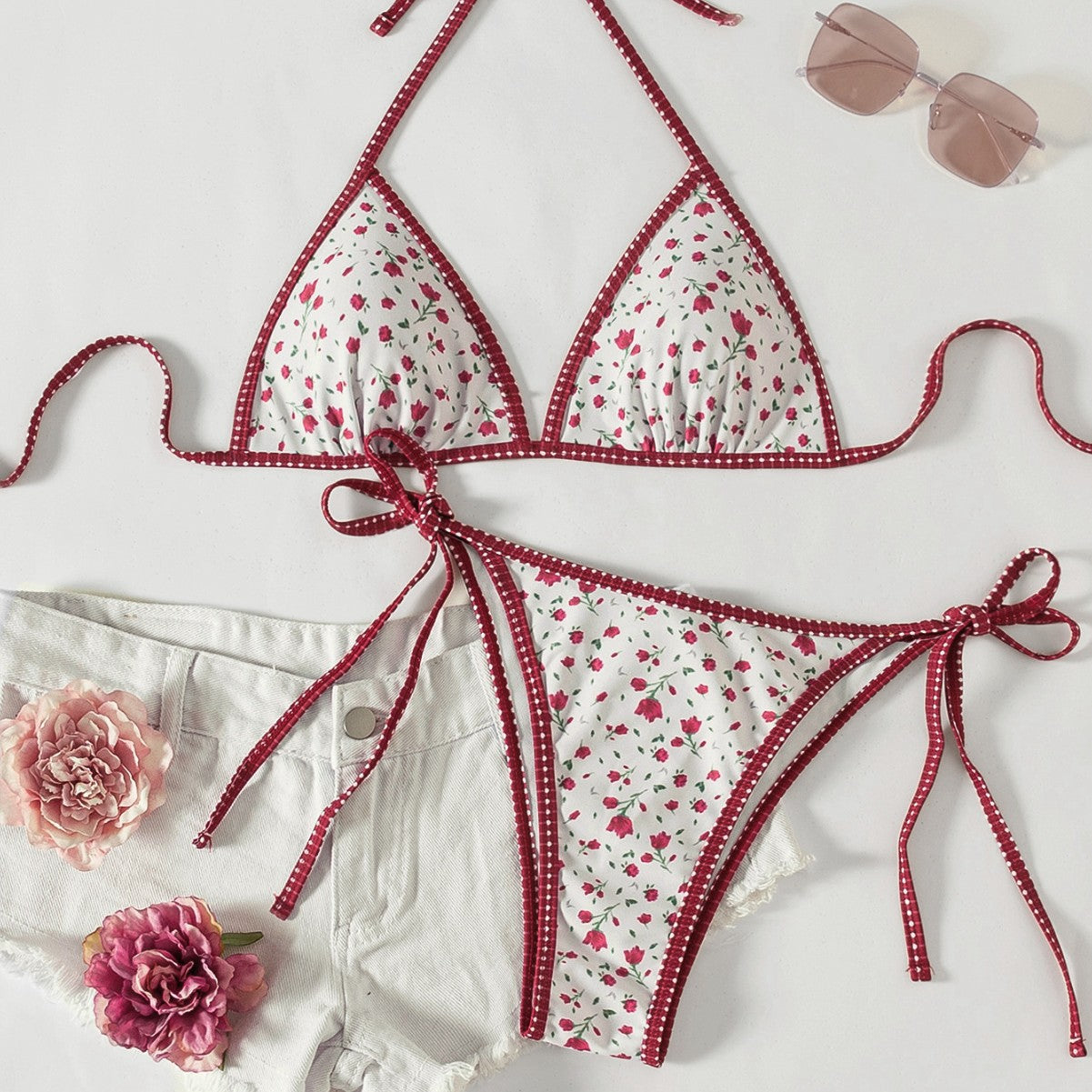Women's Floral Printed Tie-Strap Sexy Bikini Two-Piece Swimsuit eprolo