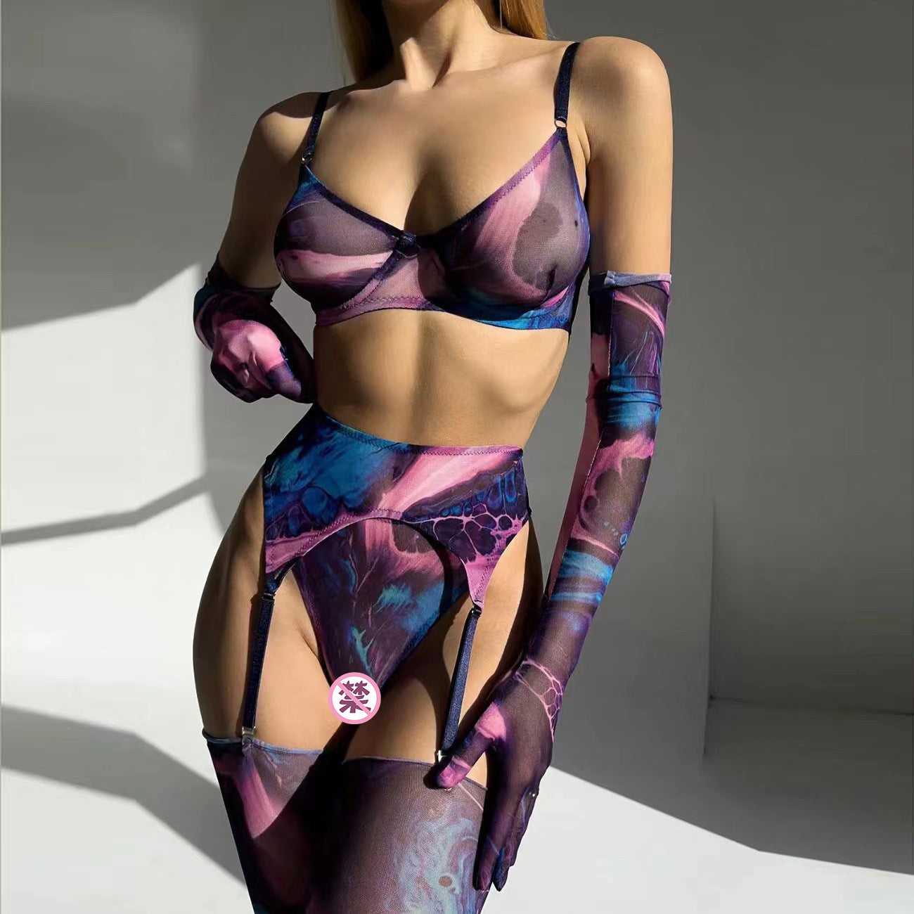 Tie-Dye Colorful Small Bust Gathering Mesh Sexy Lingerie Five-Piece Set for Women eprolo
