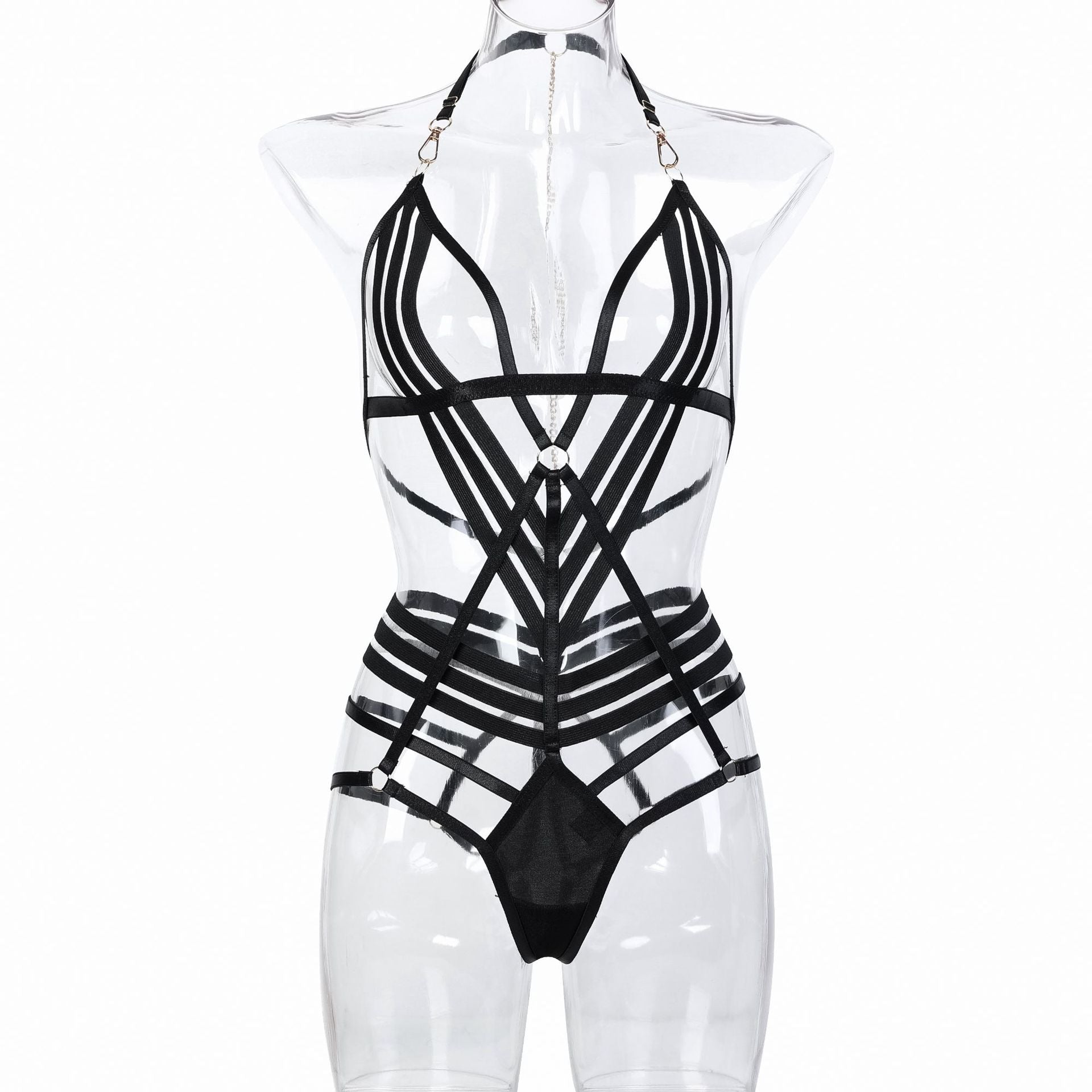 Black Bandage Halter Cross-Fit Underwear  Back Chain Hollow Sexy Bodysuit Women