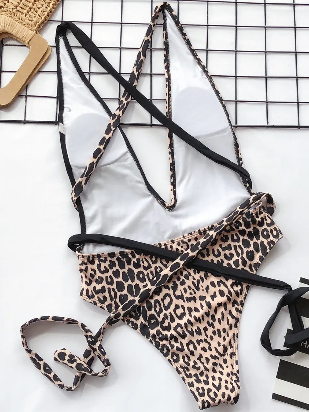 Leopard Print Lace-Up V-Neck One-Piece Swimsuit | Women's Swimwear