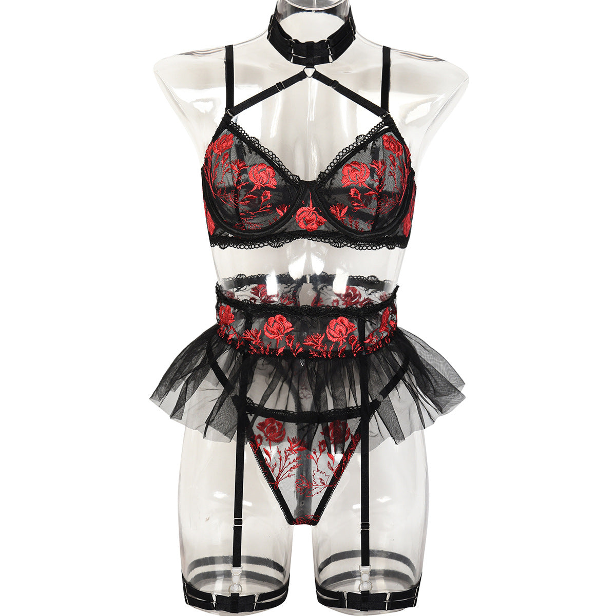 Style Floral Embroidery Mesh Splicing Strapless Halter Sexy Lingerie Complex Erotic Four-Piece Set for Women eprolo
