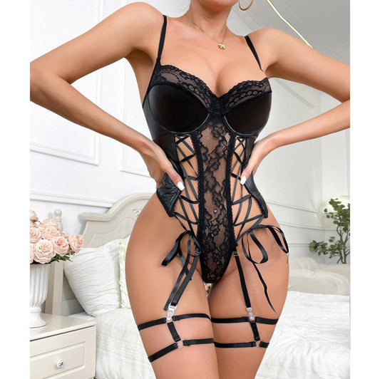 Sensual Lingerie Bodysuit with PU Leather and Lace Trim, Push-Up Bra, Fitted Underwear for Nightclub eprolo