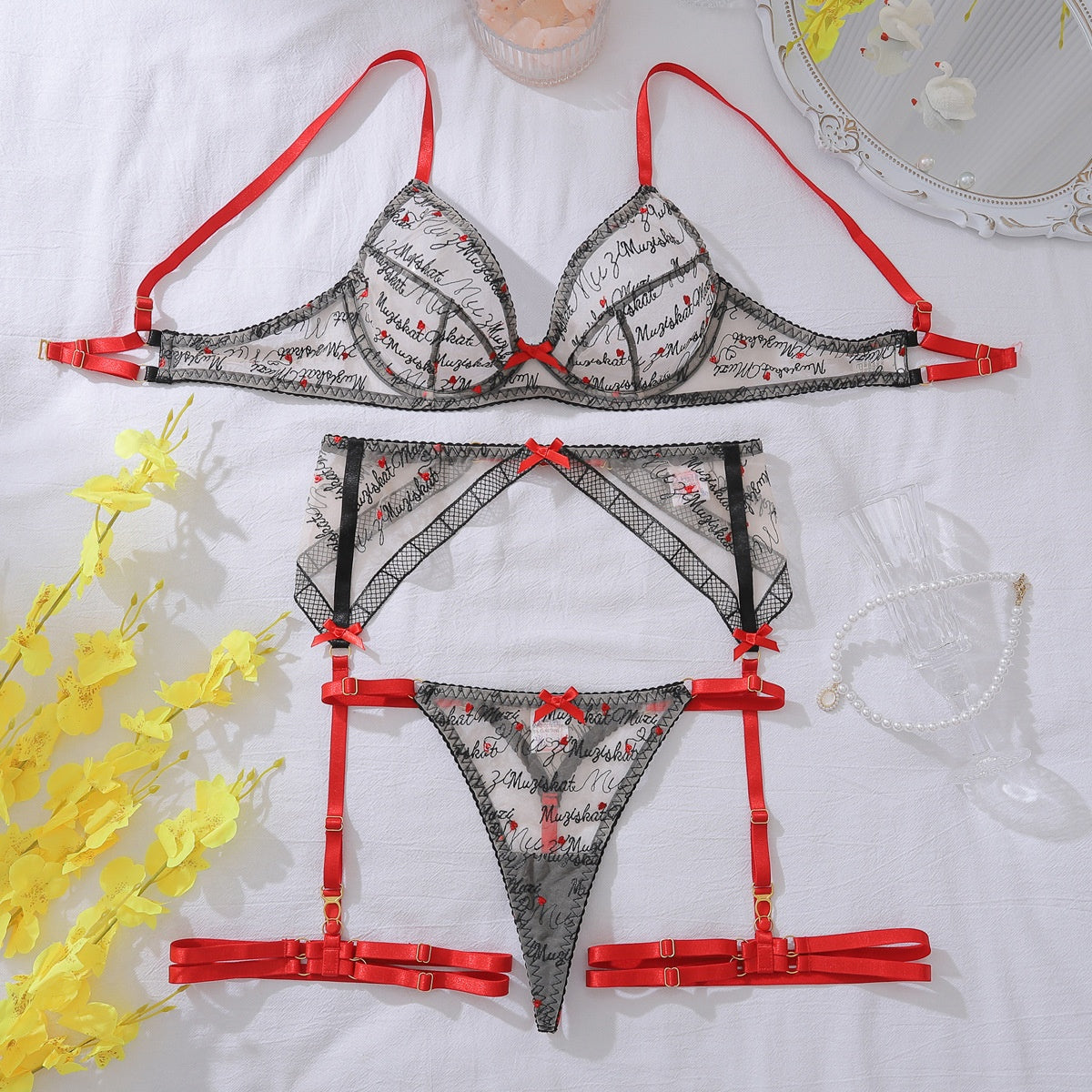 Women's Heart Embroidery Bow Lingerie Set – Body Shaping Lace Bra & Split Panties