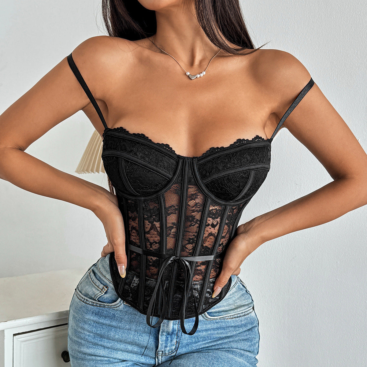 Tie-Back Lace Trim Corset Crop Top – A-Line Sheer Strapless in Apricot & Black | KYLALINGERIE